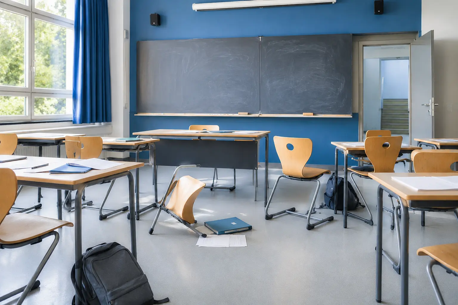 Ein heller, leerer Klassenraum nach einer angespannten Situation mit verschobenen Stühlen, einzelnen Unterlagen und geöffneter Tür.