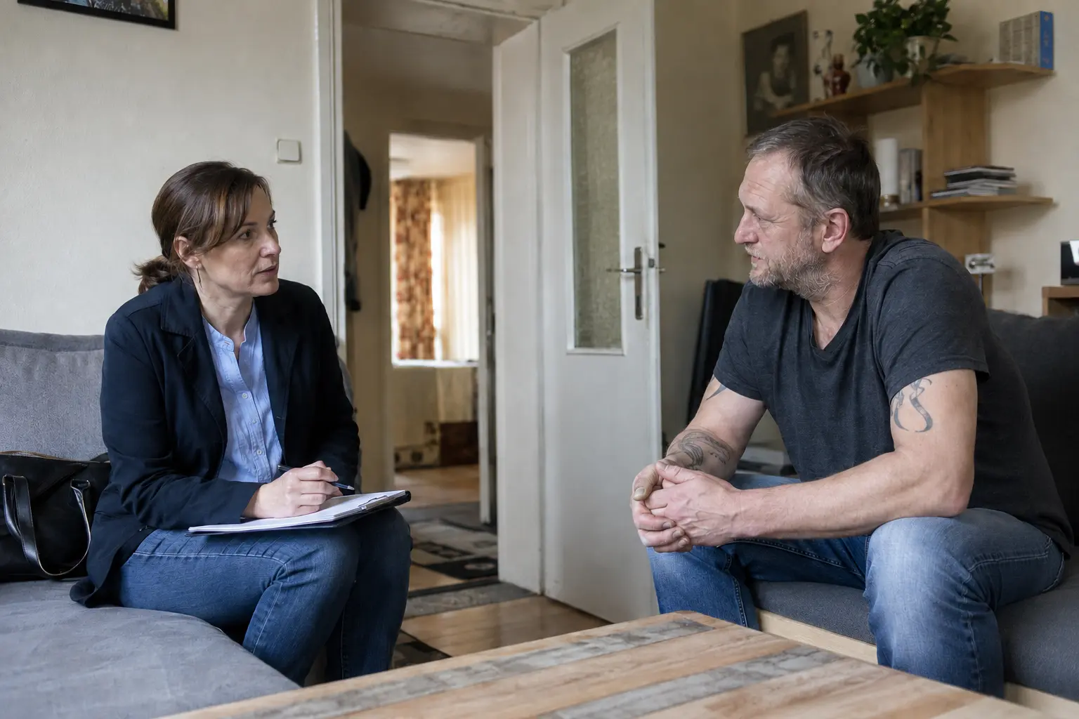 Eine Mitarbeiterin eines sozialen Dienstes führt bei einem Hausbesuch ein ruhiges Gespräch mit einem Klienten; der Ausgang des Raumes bleibt sichtbar.
